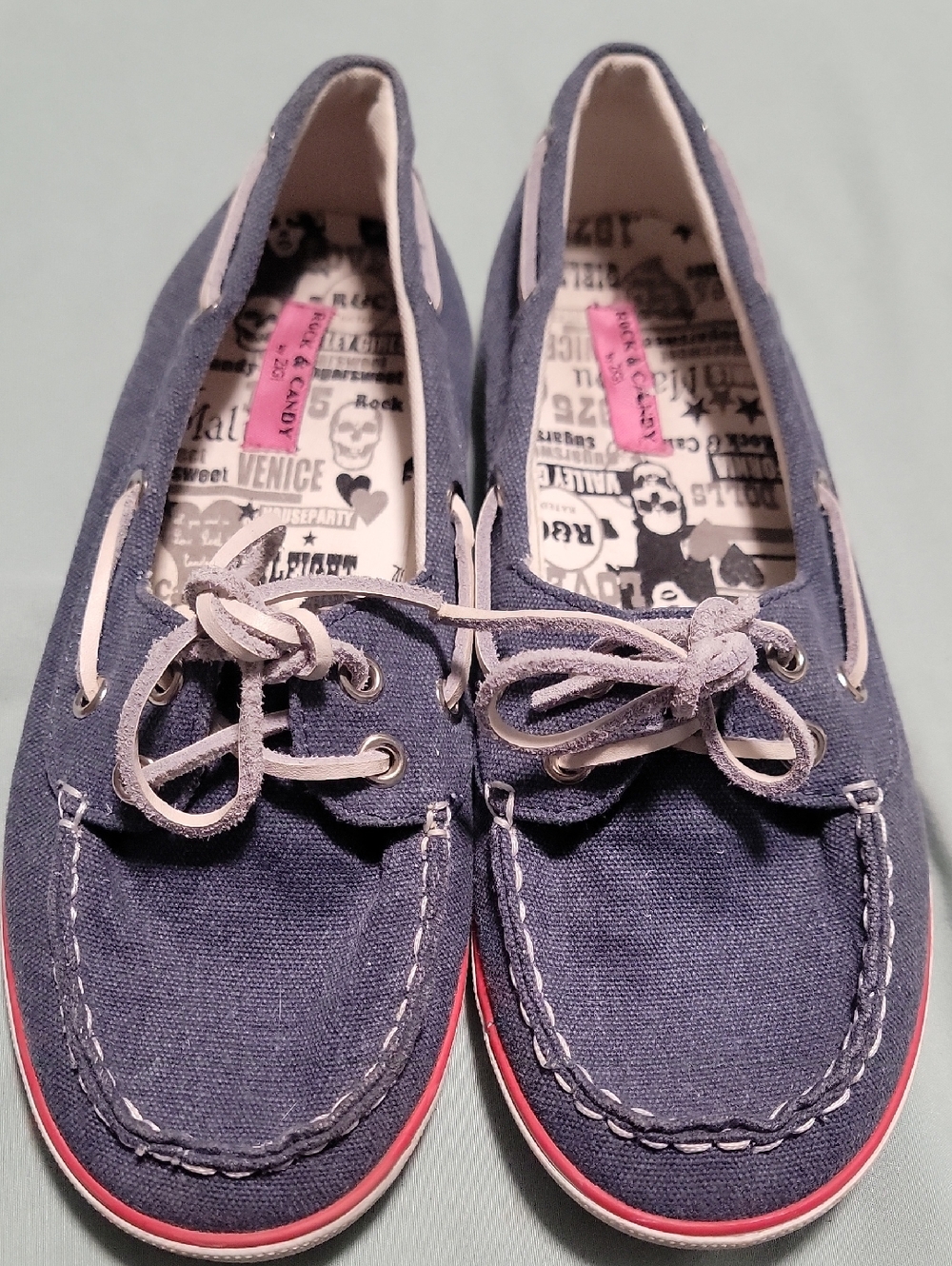 Malibu Navy Canvas Boat Flats with Pink Sole Stripe